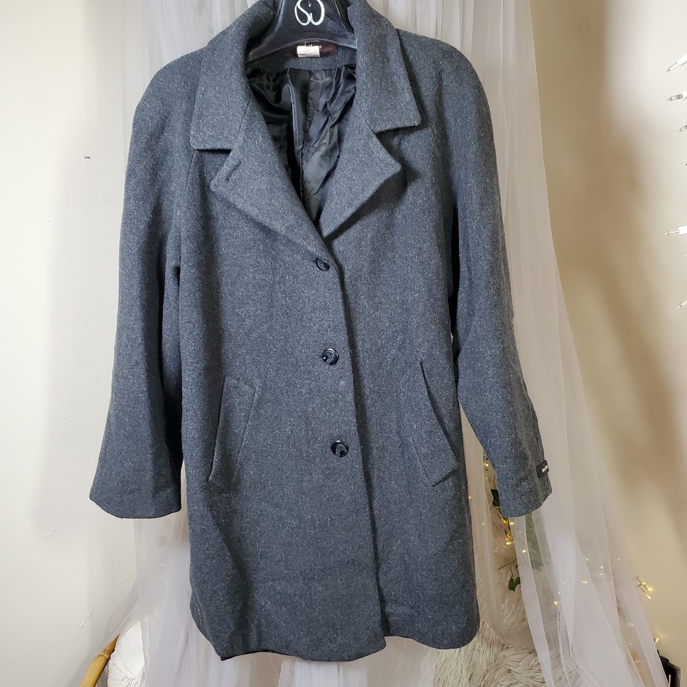 Vtg Stephanie Mathews Wool Mid Length Career Trench‎ Coat Gray Sz L Classic City